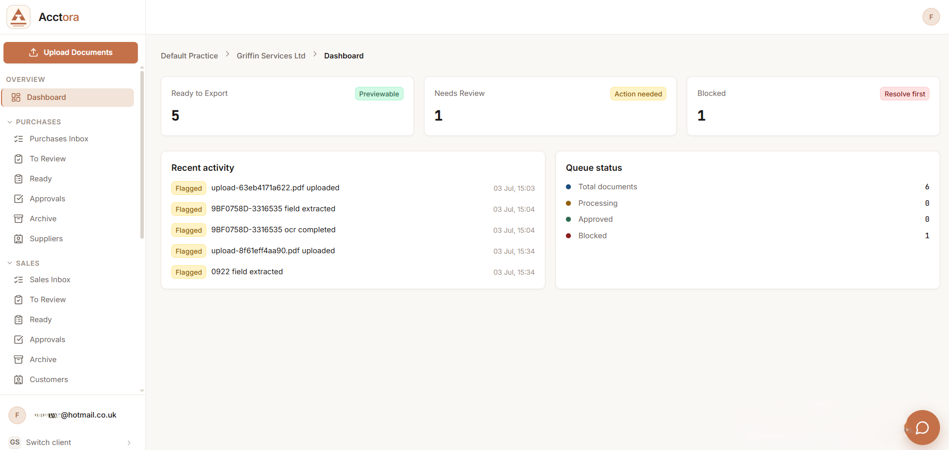 Acctora dashboard: ready-to-export, needs-review and blocked counts, recent activity and queue status