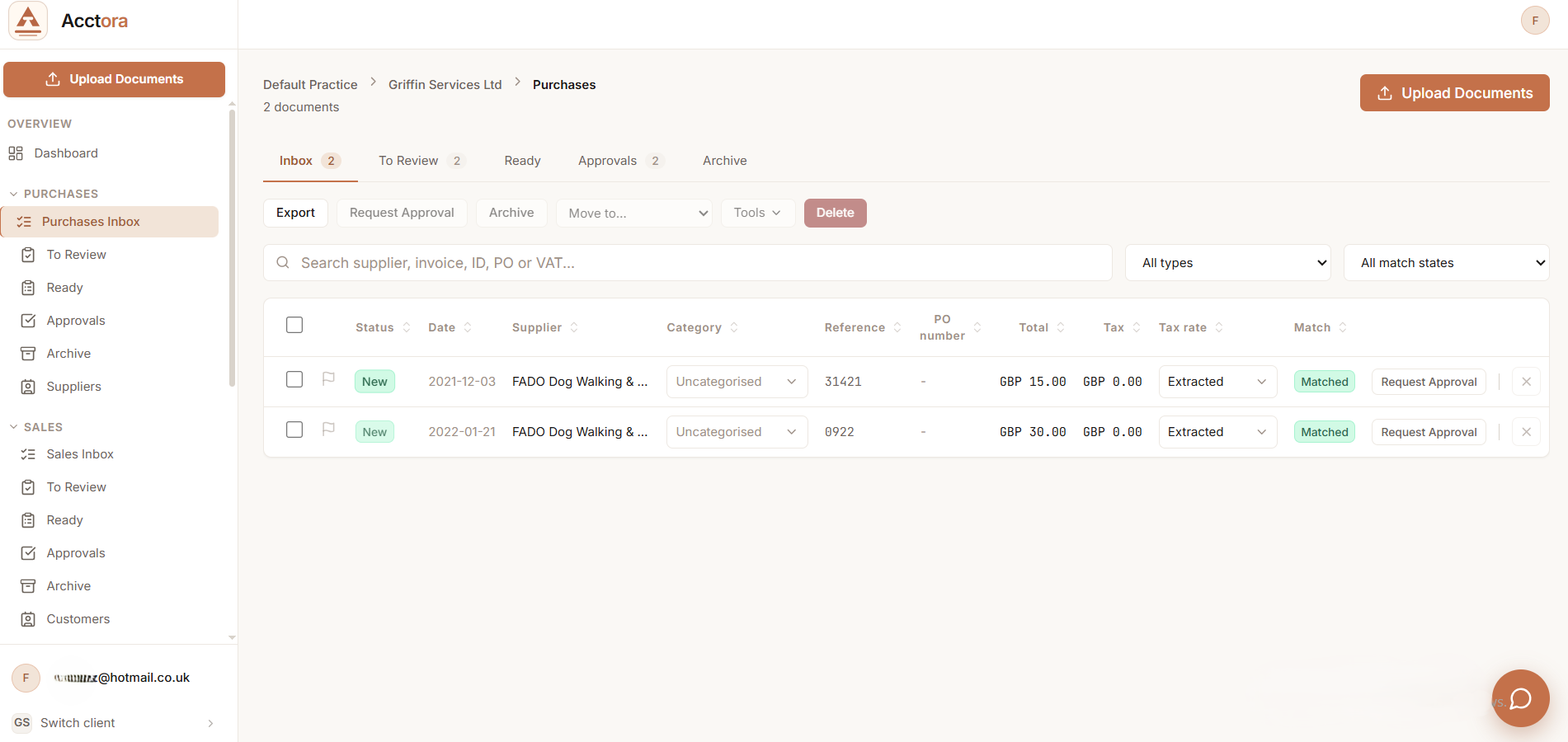 Acctora purchases inbox: two invoices extracted, matched and ready to route
