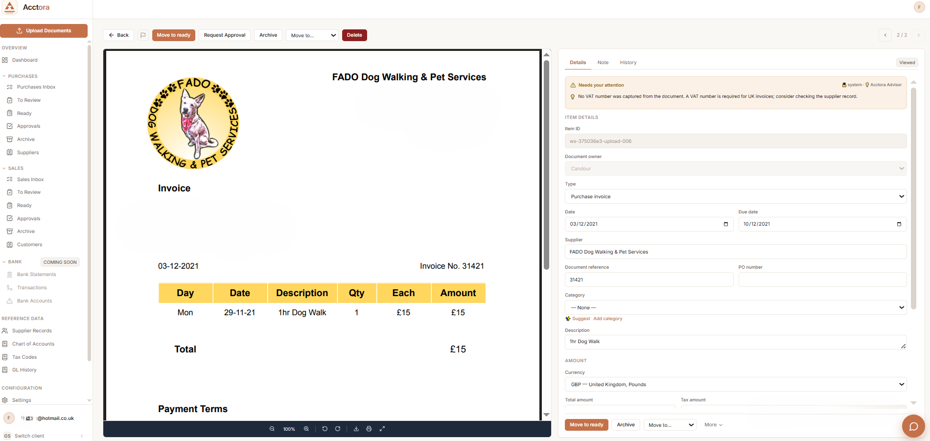 Document review: the source invoice beside every extracted field, with the Acctora Advisor flag